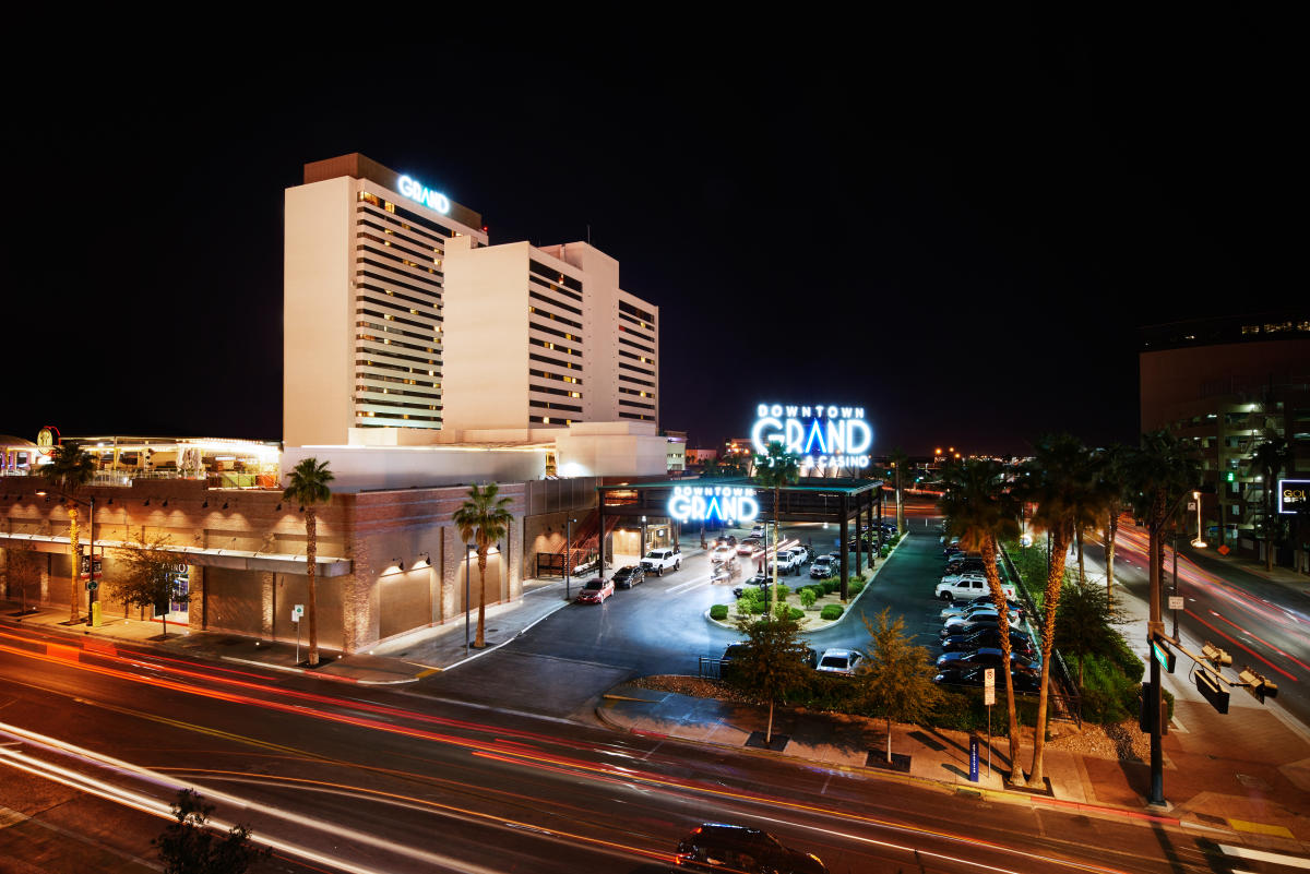 Evening view of downtown hotel and casino in Las Vegas, NV.